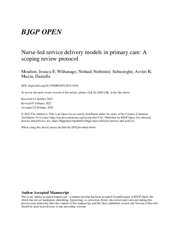 (PDF) Nurse-led service delivery models in primary care: a scoping ...
