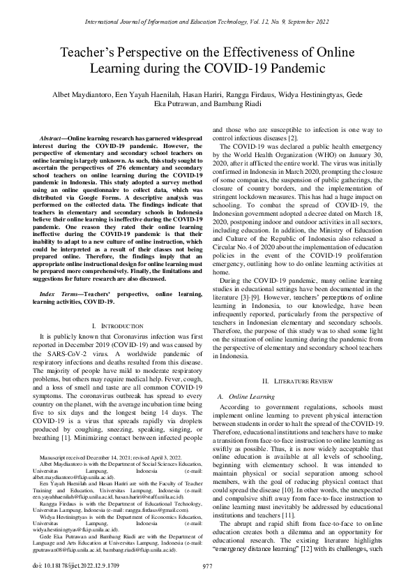 (PDF) Teacher's Perspective on the Effectiveness of Online Learning ...