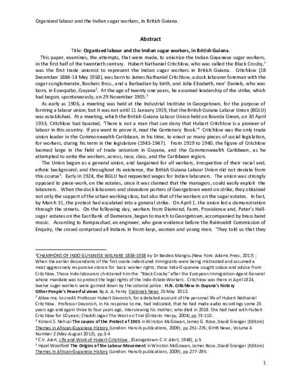 (PDF) Organized labour and the Indian sugar workers in British Guiana