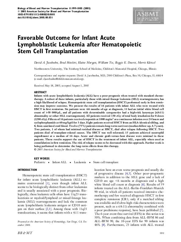 (PDF) Favorable Outcome for Infant Acute Lymphoblastic Leukemia after ...