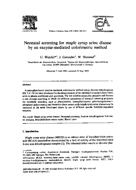 (PDF) Neonatal screening for maple syrup urine disease by an enzyme