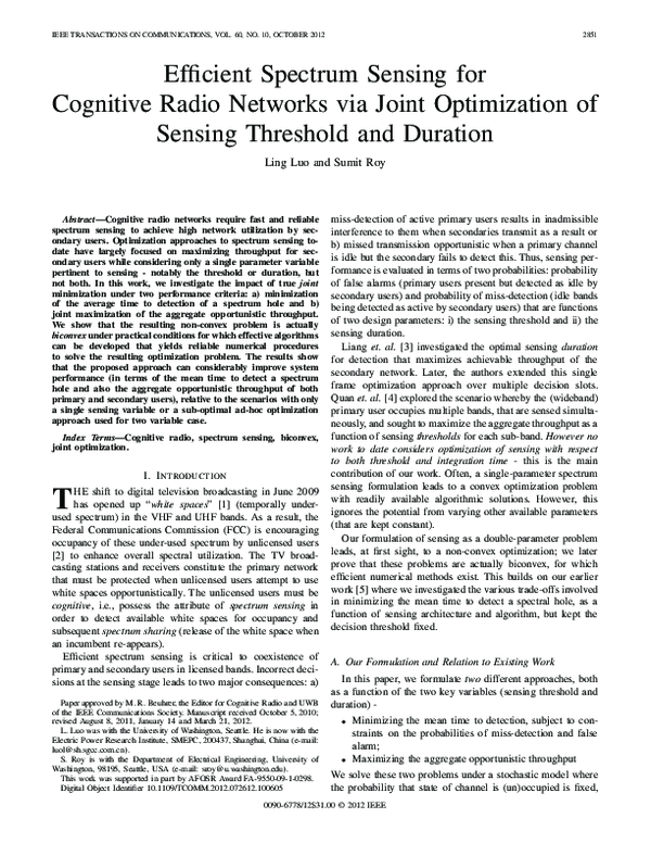 (PDF) Efficient Spectrum Sensing for Cognitive Radio Networks via Joint ...