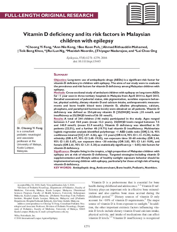 (PDF) Vitamin D deficiency and its risk factors in Malaysian children
