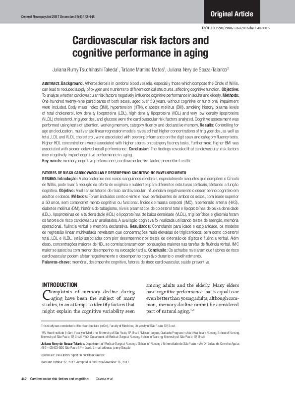(PDF) Cardiovascular risk factors and cognitive performance in aging