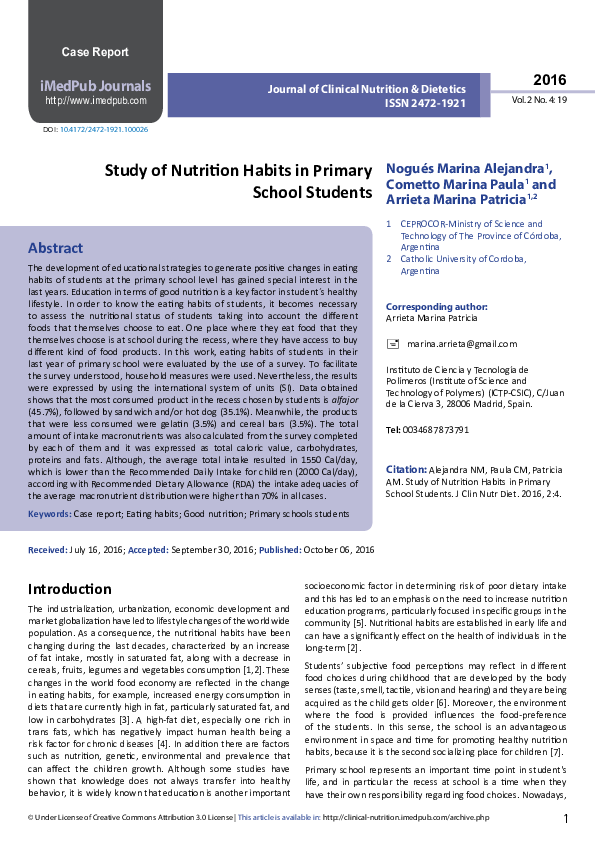 (PDF) Study of Nutrition Habits in Primary School Students