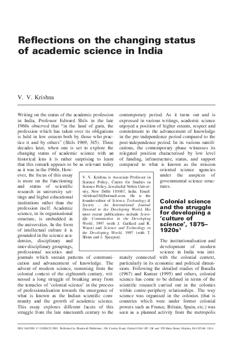 (PDF) Reflections on the Changing Status of Academic Science in India