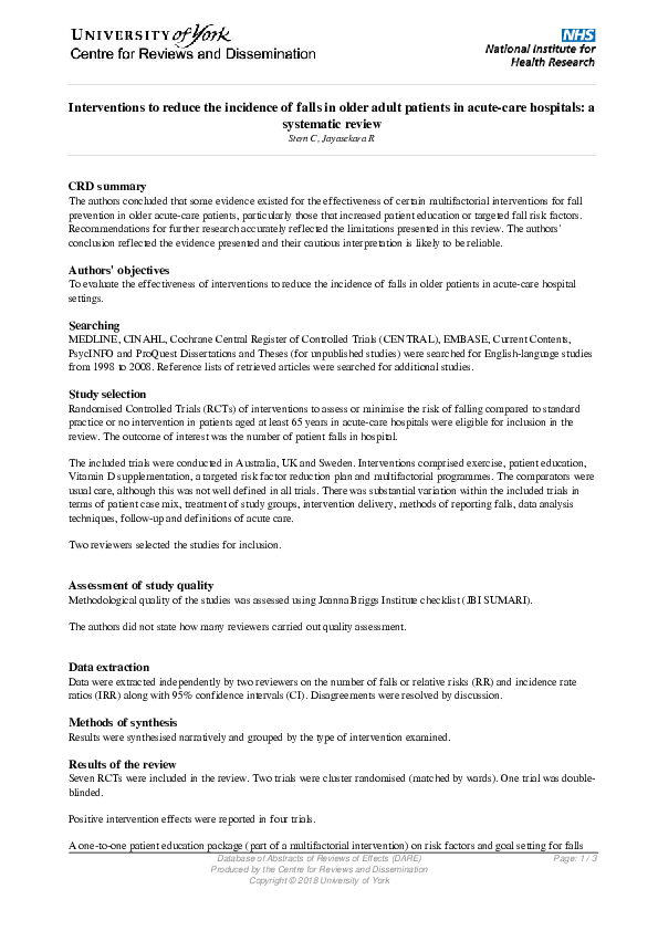 (PDF) Interventions to reduce the incidence of falls in older adult ...