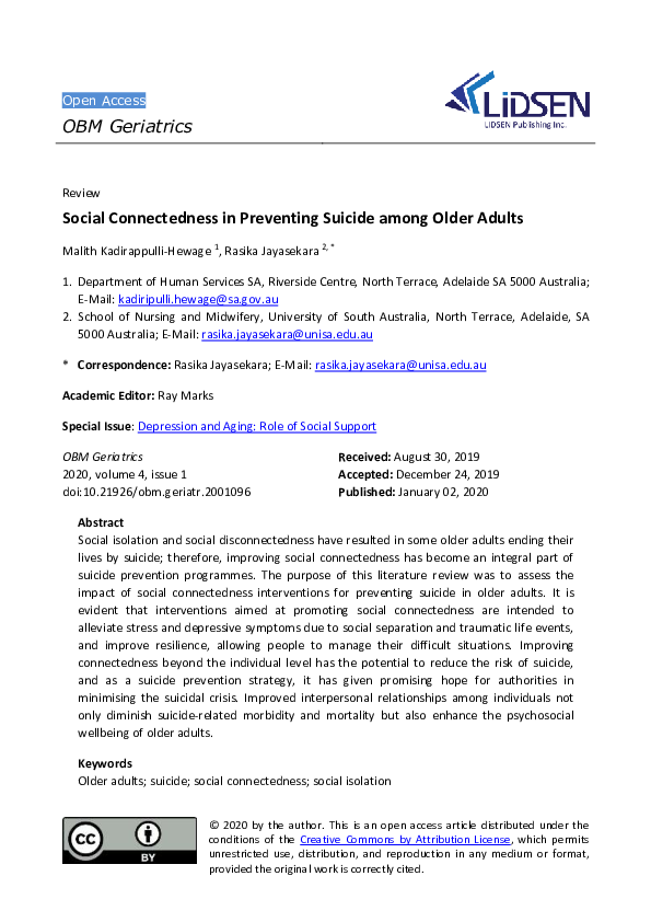 (PDF) Social Connectedness in Preventing Suicide among Older Adults