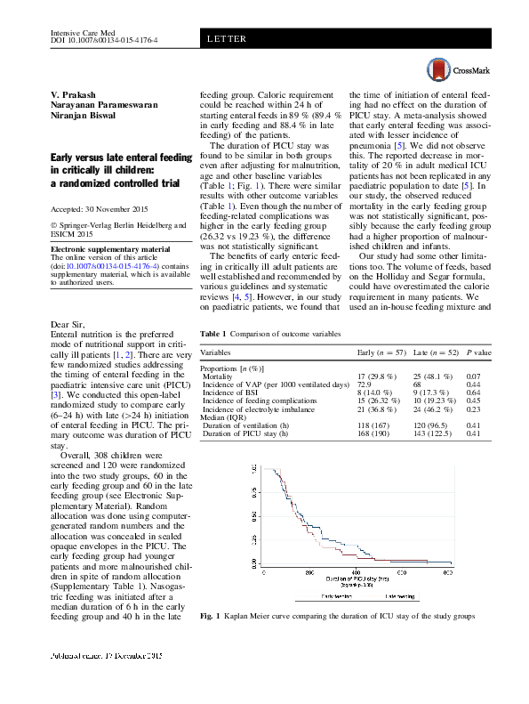 (PDF) Early versus late enteral feeding in critically ill children: a ...