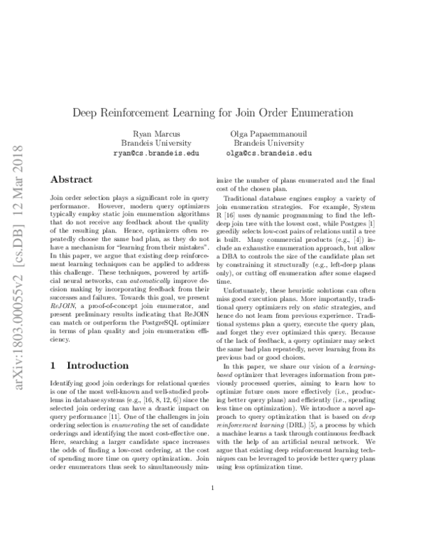(PDF) Deep Reinforcement Learning for Join Order Enumeration