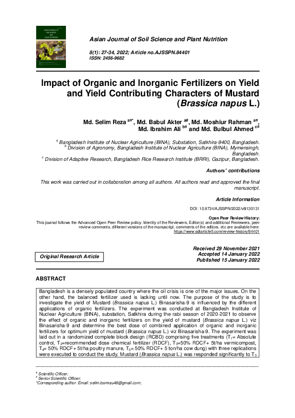 (PDF) Impact of Organic and Inorganic Fertilizers on Yield and Yield ...