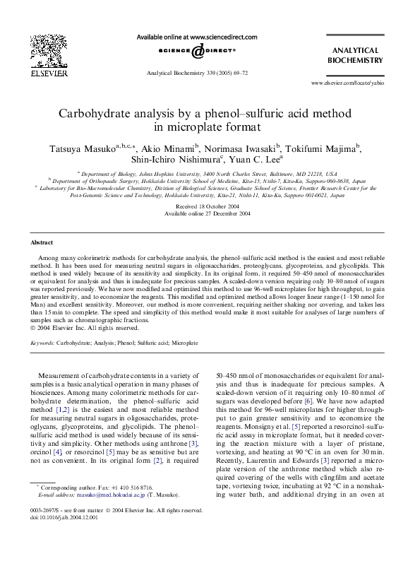 (PDF) Carbohydrate analysis by a phenolsulfuric acid method in