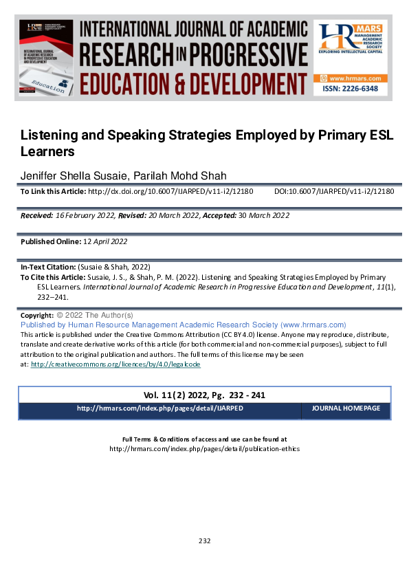 (PDF) Listening and Speaking Strategies Employed by Primary ESL Learners