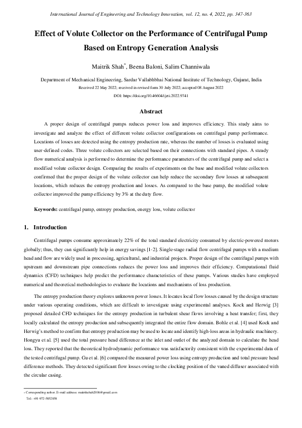 (PDF) Effect of Volute Collector on the Performance of Centrifugal Pump ...