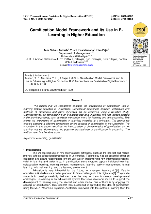 (PDF) Gamification Model Framework and its Use in E-Learning in Higher ...