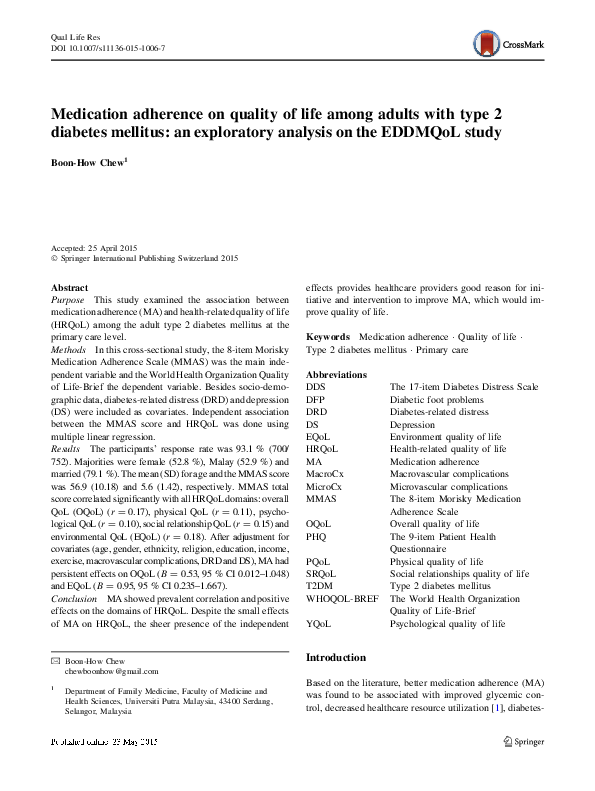 (PDF) Medication adherence on quality of life among adults with type 2 ...