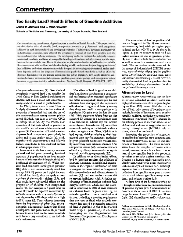 (PDF) Too Easily Lead? Health Effects of Gasoline Additives