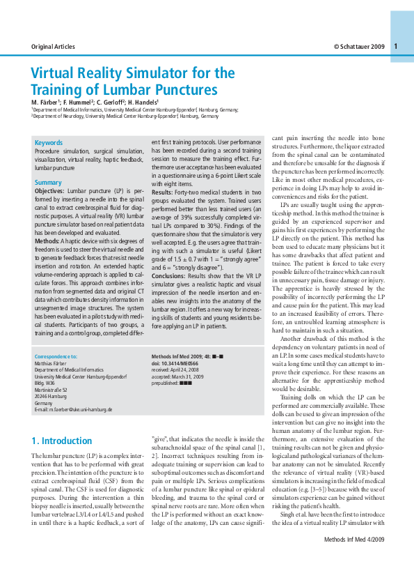 (PDF) Virtual Reality Simulator for the Training of Lumbar Punctures