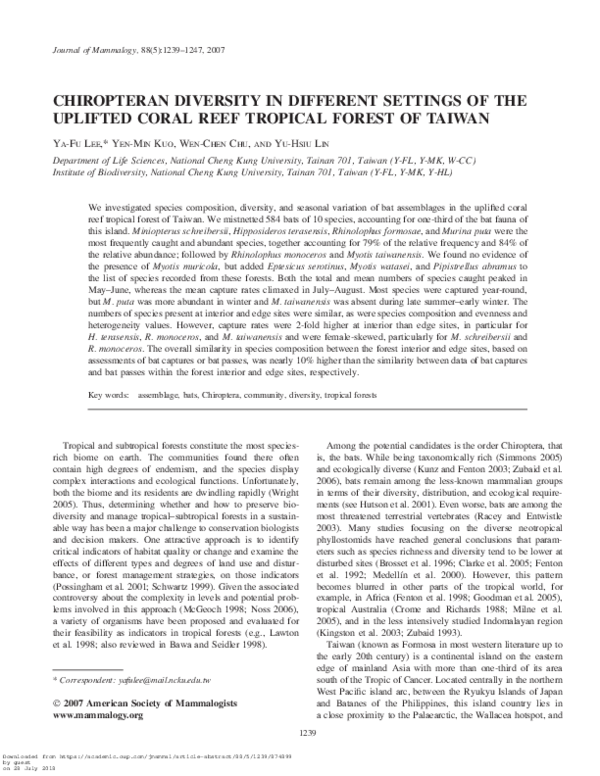 (PDF) Chiropteran Diversity in Different Settings of the Uplifted Coral ...