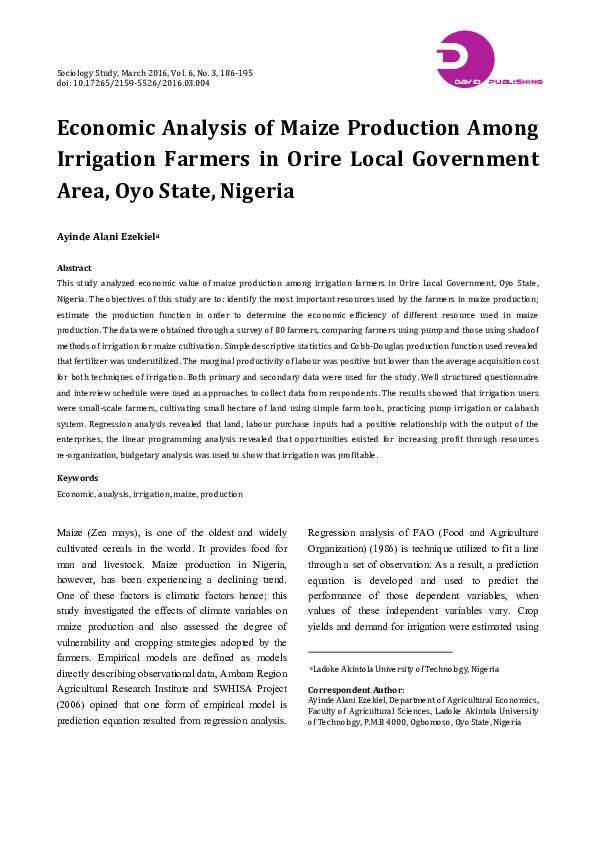 (PDF) Economic Analysis of Maize Production Among Irrigation Farmers in ...