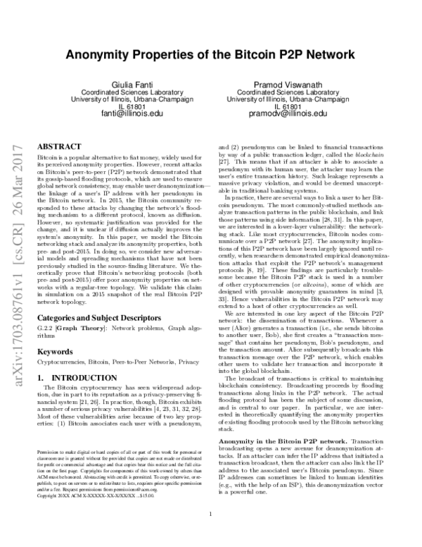 (PDF) Anonymity Properties of the Bitcoin P2P Network