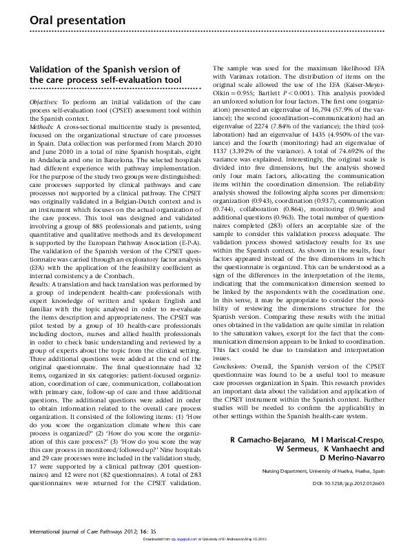 (PDF) Validation of the Spanish version of the care process self ...