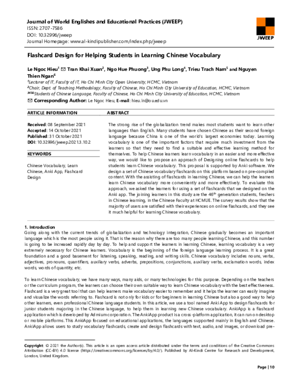 (PDF) Flashcard Design for Helping Students in Learning Chinese Vocabulary