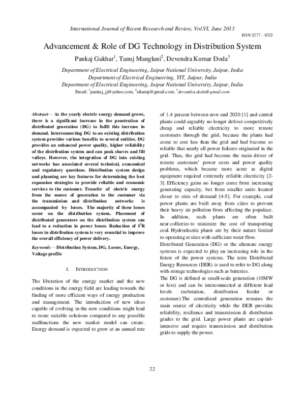 (PDF) Advancement & Role of DG Technology in Distribution System