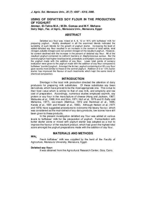 (PDF) Using of Defatted Soy Flour in the Production of Yoghurt