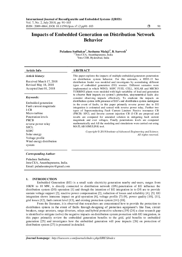 (PDF) Impacts of Embedded Generation on Distribution Network Behavior