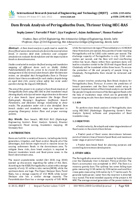 (PDF) Dam Break Analysis of Peringalkuthu Dam, Thrissur Using HEC-RAS