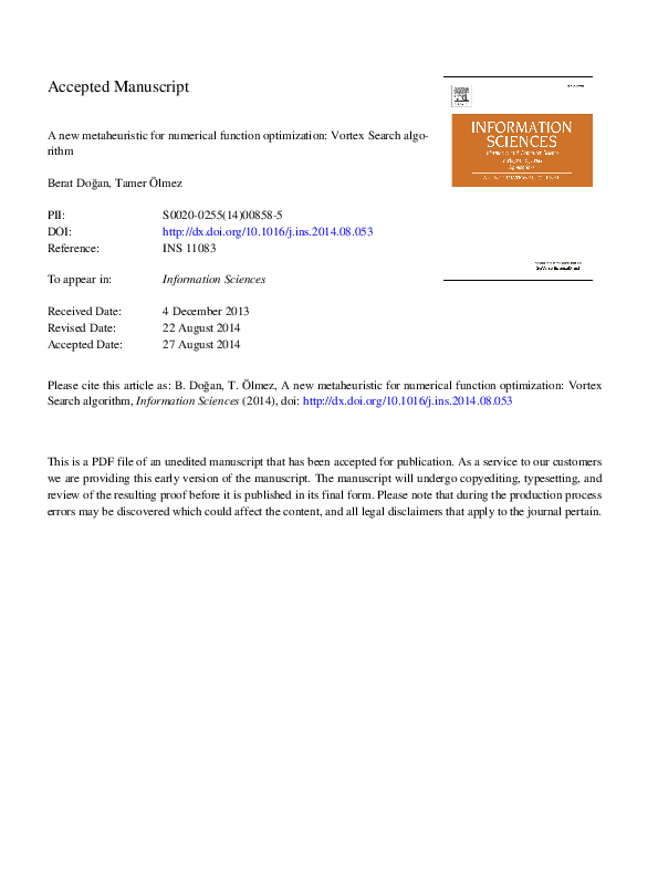 (PDF) A new metaheuristic for numerical function optimization: Vortex ...