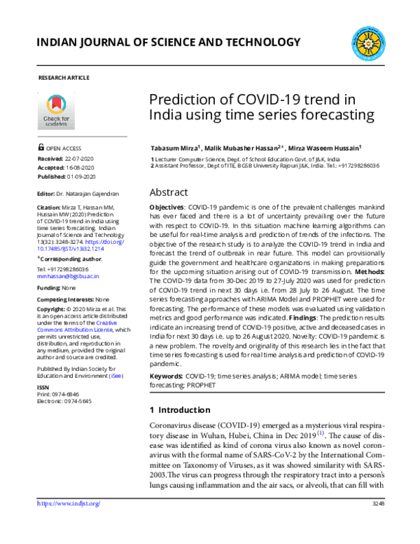 (PDF) Prediction of COVID-19 trend in India using time series forecasting