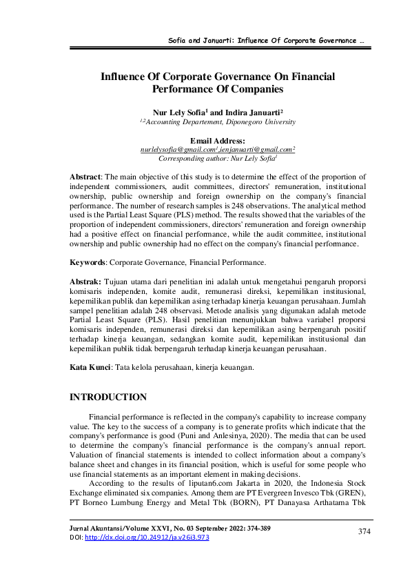 (PDF) Influence Of Corporate Governance On Financial Performance Of ...