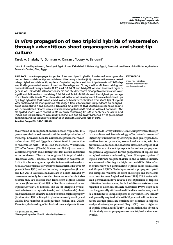 (PDF) In vitro propagation of two triploid hybrids of watermelon ...
