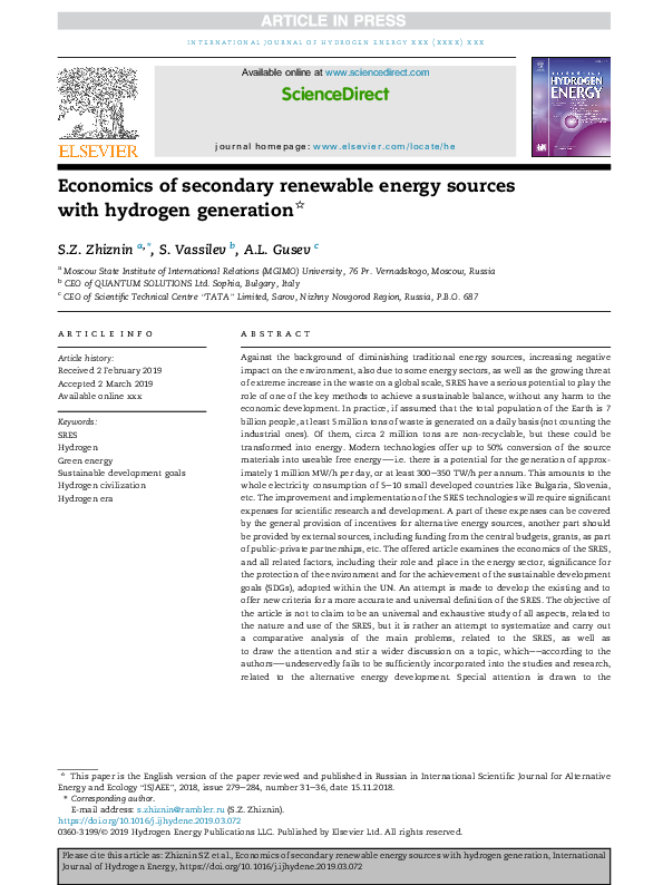(PDF) Economics of secondary renewable energy sources with hydrogen ...