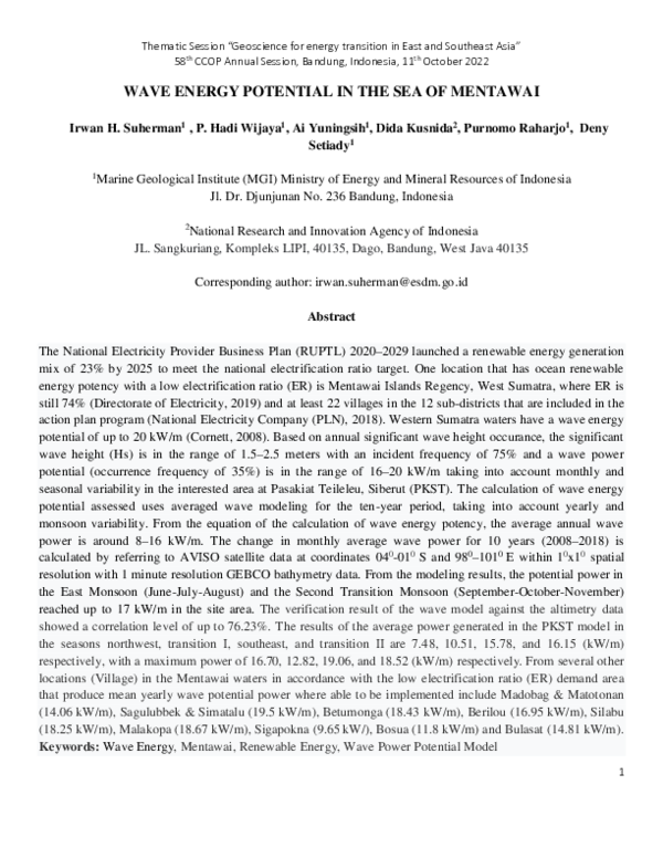 (PDF) WAVE ENERGY POTENTIAL IN THE SEA OF MENTAWAI