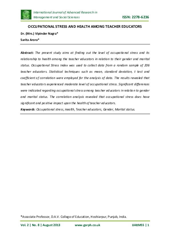 (PDF) Occupational Stress and Health Among Teacher Educators