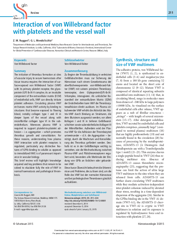 (PDF) Interaction of von Willebrand factor with platelets and the ...