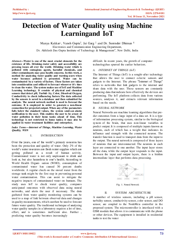 (PDF) Detection of Water Quality using Machine Learning and IoT