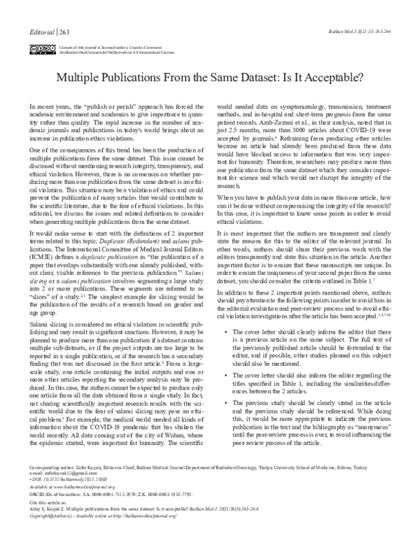 (PDF) Multiple Publications From the Same Dataset: Is It Acceptable?