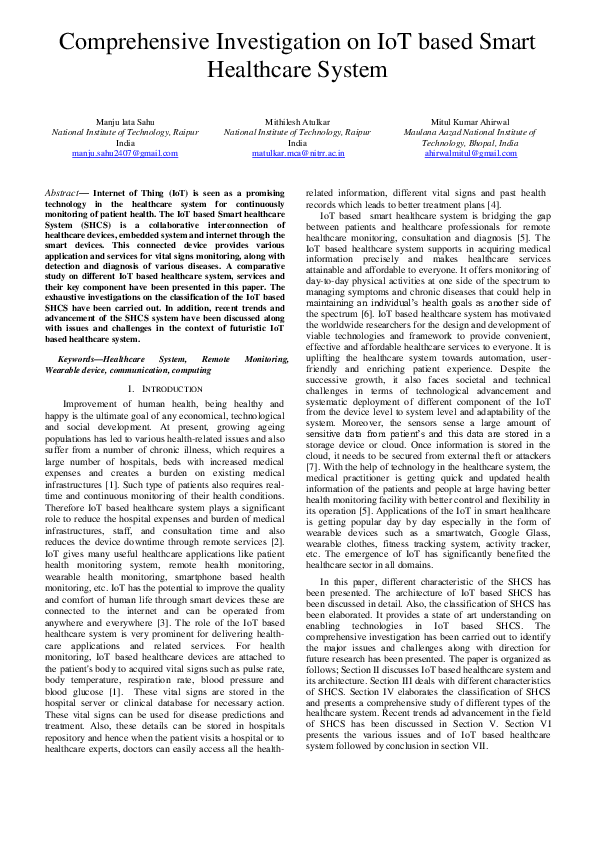 (PDF) Comprehensive Investigation on IoT based Smart Healthcare System