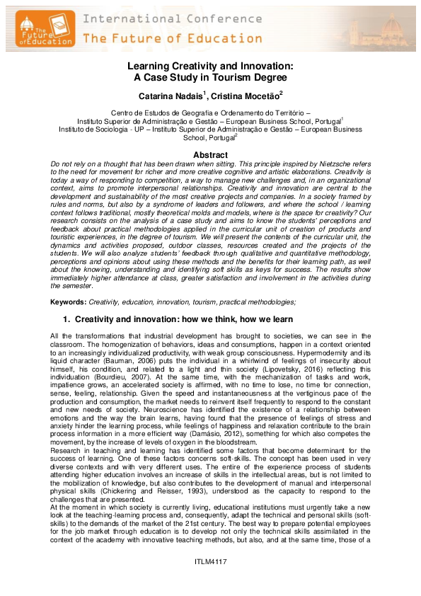 (PDF) Learning Creativity and Innovation : A Case Study in Tourism Degree