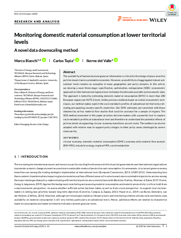(PDF) Monitoring domestic material consumption at lower territorial ...