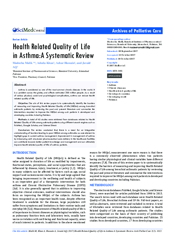 (PDF) Health Related Quality of Life in Asthma : A Systematic Review