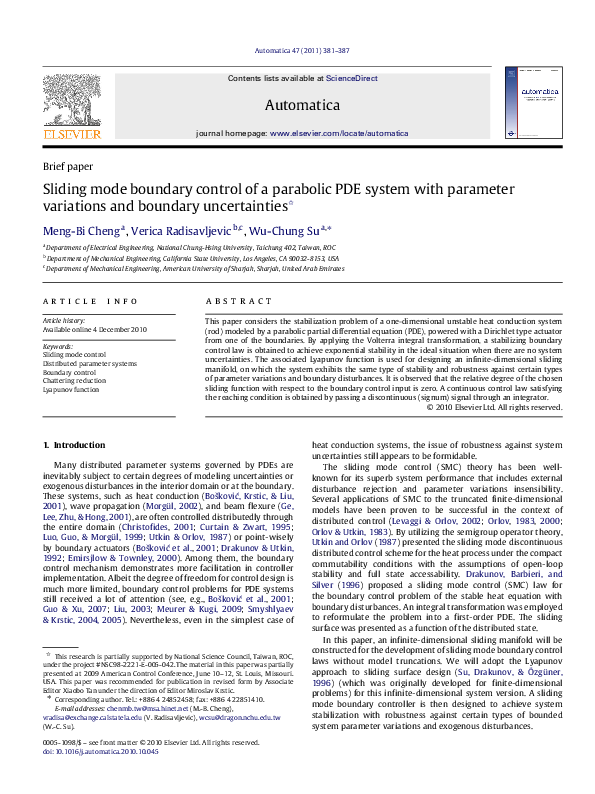 (PDF) Sliding mode boundary control of a parabolic PDE system with ...