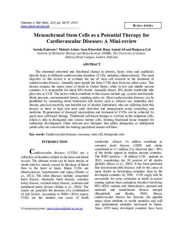 (PDF) Mesenchymal Stem Cells as a Potential Therapy for Cardiovascular ...