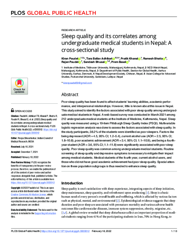 (PDF) Sleep quality and its correlates among undergraduate medical ...