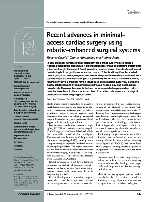 (PDF) Recent advances in minimal-access cardiac surgery using robotic ...