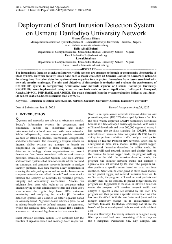 (PDF) Deployment of Snort Intrusion Detection System on Usmanu ...